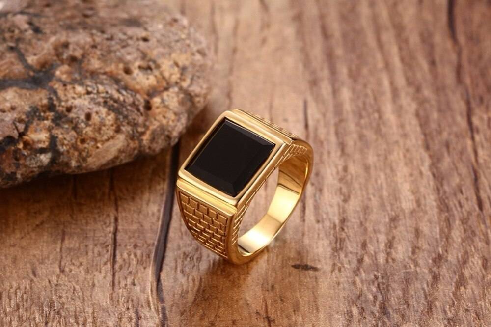 Stainless Steel Ring with Black Stone