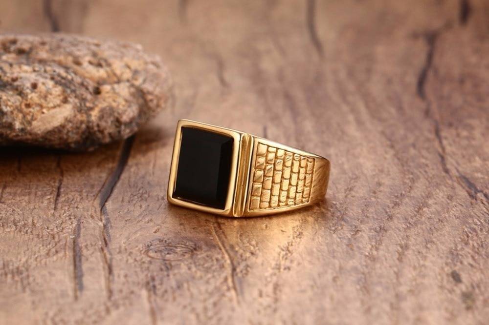 Stainless Steel Ring with Black Stone