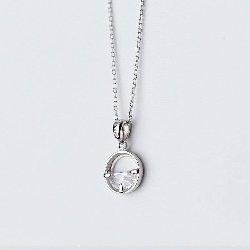 Women's Minimalist Round Crystal Silver Pendant Necklace