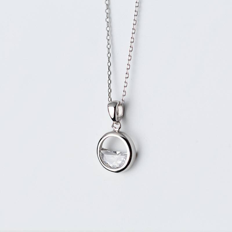 Women's Minimalist Round Crystal Silver Pendant Necklace
