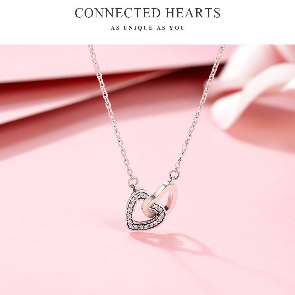 Couple Connecting Hearts Silver Pendant Necklace Pendants Women Jewelry 