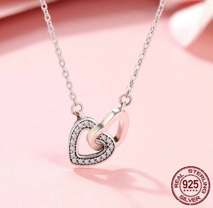 Couple Connecting Hearts Silver Pendant Necklace Pendants Women Jewelry 