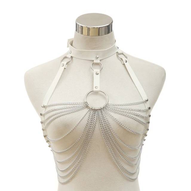 Goth Leather Chain Body Harness Body Jewelry Women Jewelry Metal color: White 