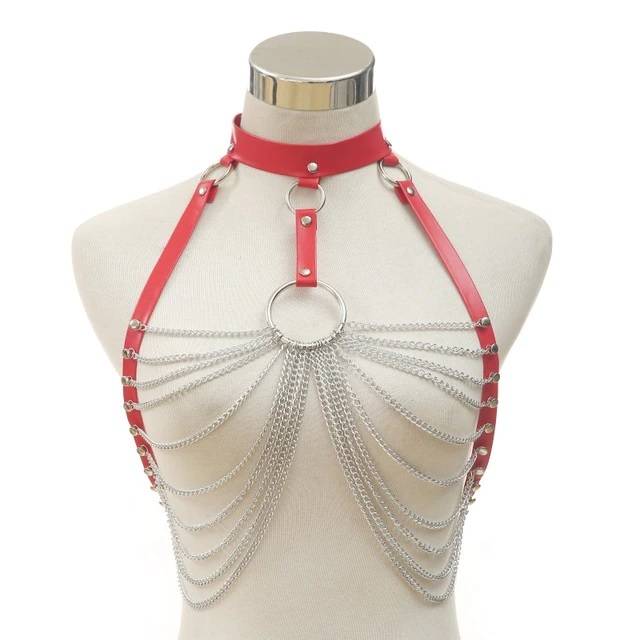 Goth Leather Chain Body Harness Body Jewelry Women Jewelry Metal color: Red 