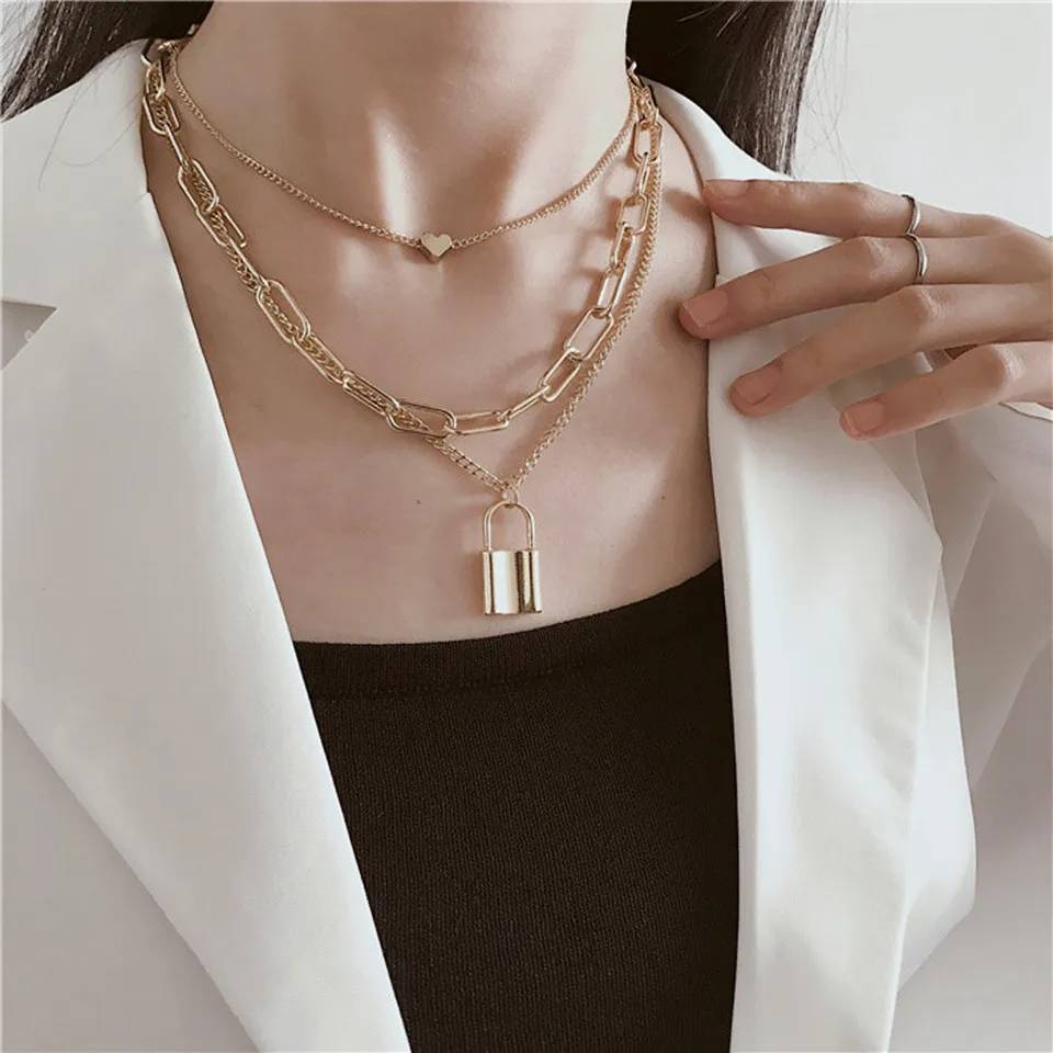 Multi Layer Lock Pendant Choker Necklace Pendants Women Jewelry 
