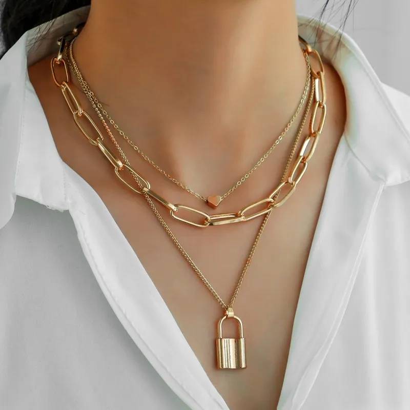 Multi Layer Lock Pendant Choker Necklace Pendants Women Jewelry 