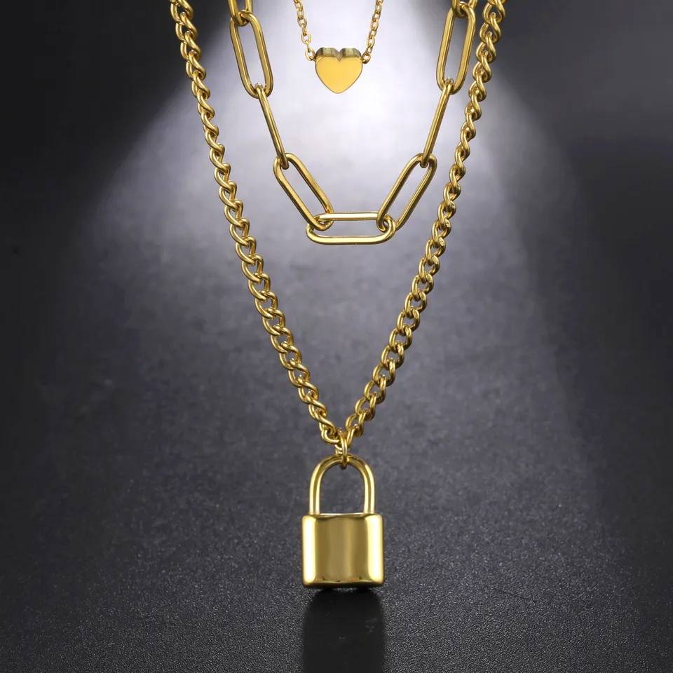 Multi Layer Lock Pendant Choker Necklace Pendants Women Jewelry 
