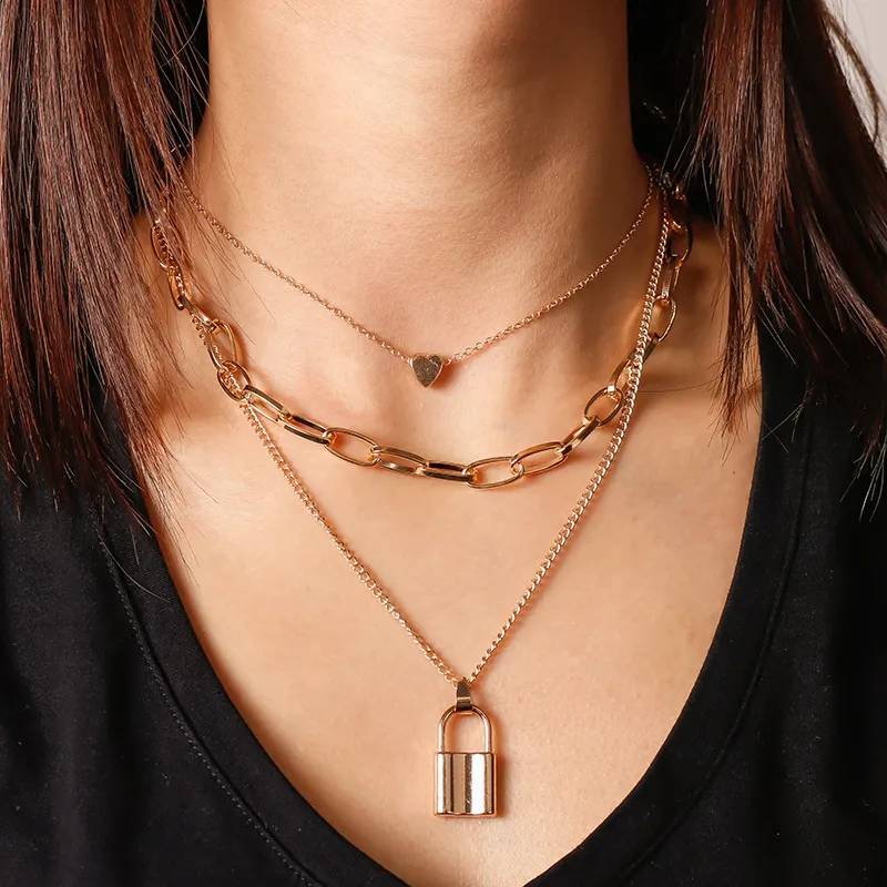 Multi Layer Lock Pendant Choker Necklace Pendants Women Jewelry 