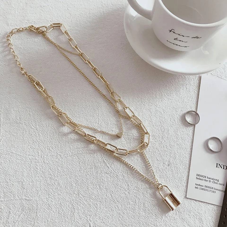 Multi Layer Lock Pendant Choker Necklace Pendants Women Jewelry 