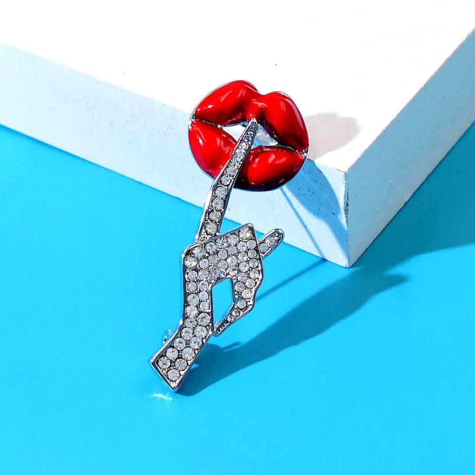 Women Hush Shhh Finger Enamel Rhinestones Brooch Brooches & Pins Women Jewelry 