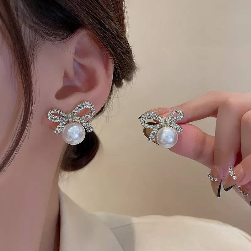 Cubic Zirconia Simulated Pearl Bowknot Stud Earrings Earrings New Arrivals Wedding & Engagement Jewelry Women Jewelry 