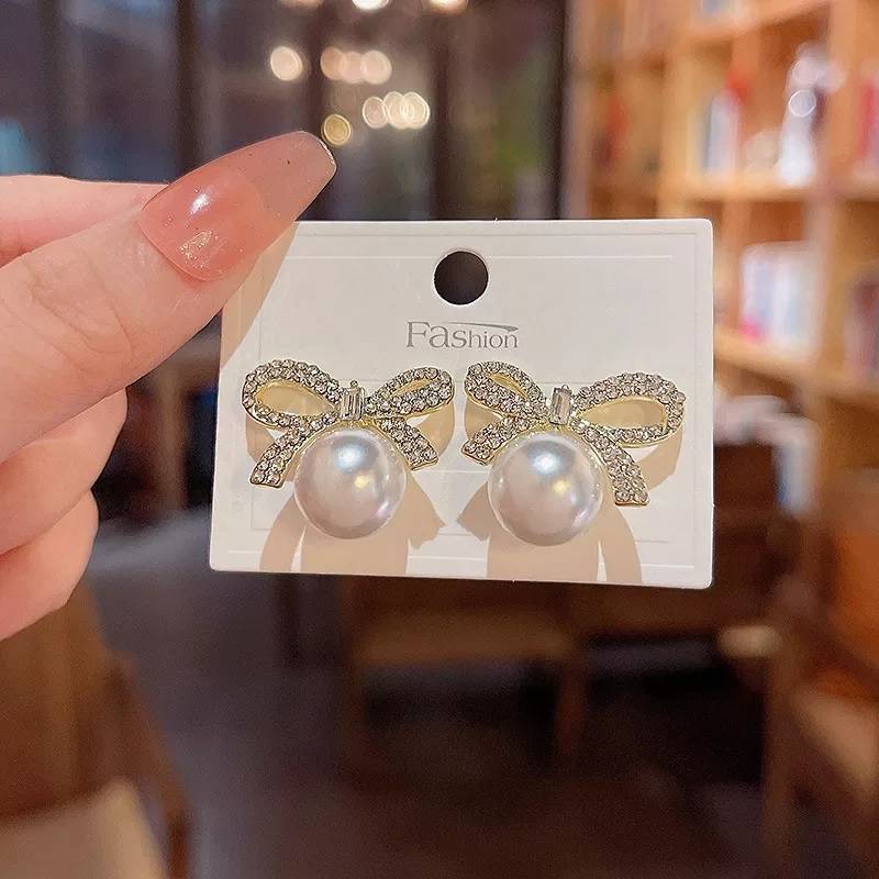 Cubic Zirconia Simulated Pearl Bowknot Stud Earrings Earrings New Arrivals Wedding & Engagement Jewelry Women Jewelry 