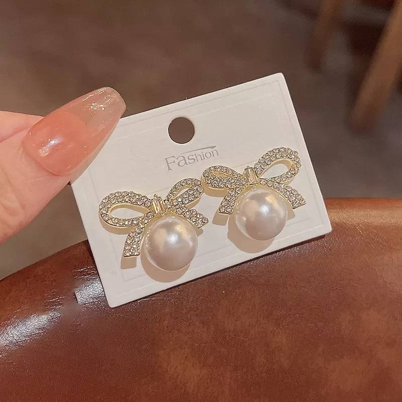 Cubic Zirconia Simulated Pearl Bowknot Stud Earrings Earrings New Arrivals Wedding & Engagement Jewelry Women Jewelry 