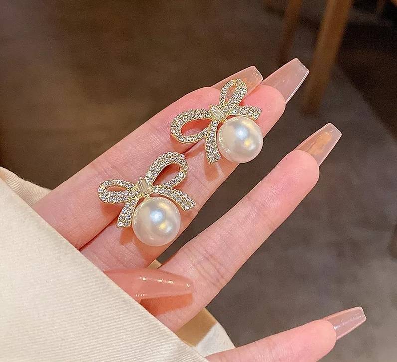 Cubic Zirconia Simulated Pearl Bowknot Stud Earrings Earrings New Arrivals Wedding & Engagement Jewelry Women Jewelry 