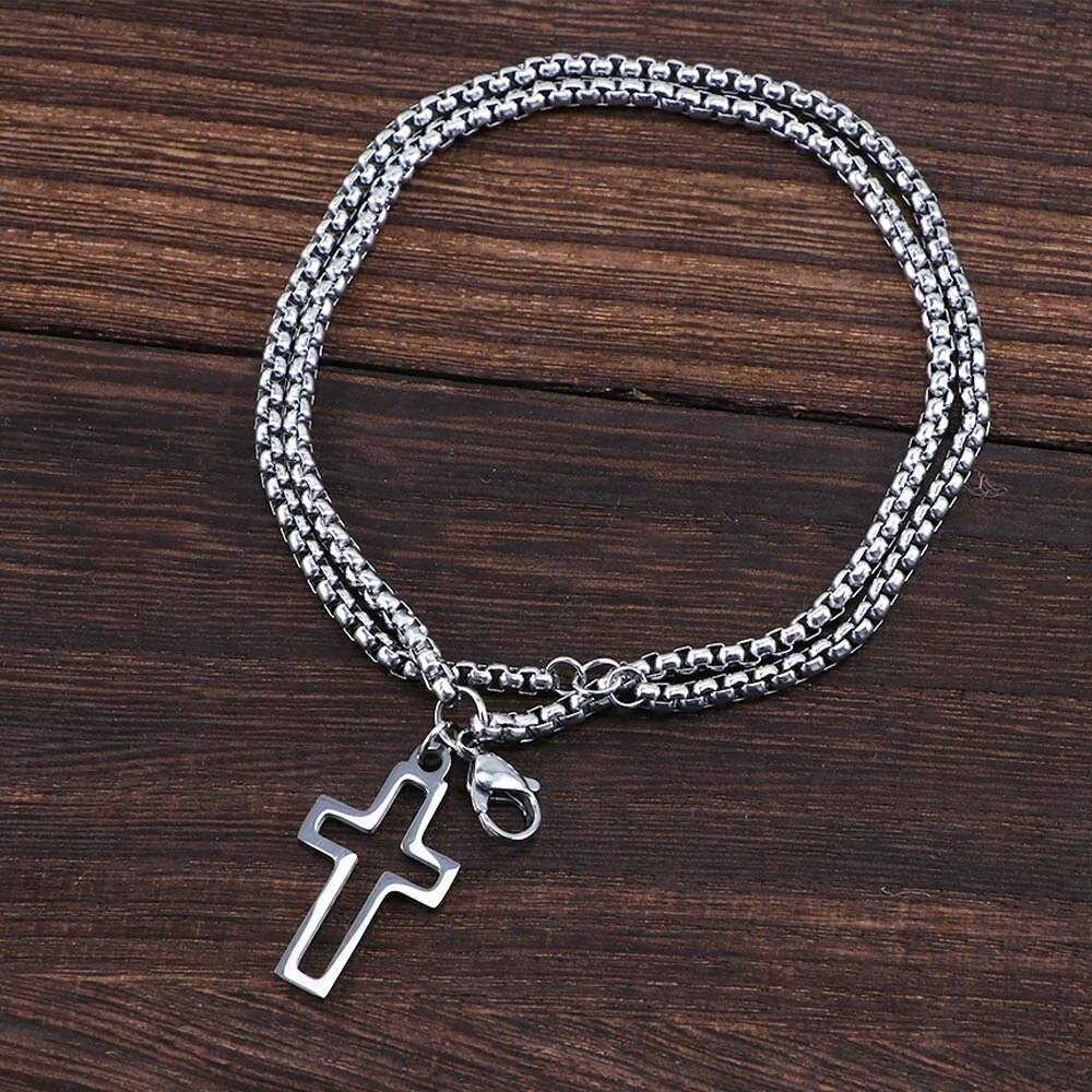 Double Rolo Chains with Cross Wrist Bracelet Jewelry Reimagine