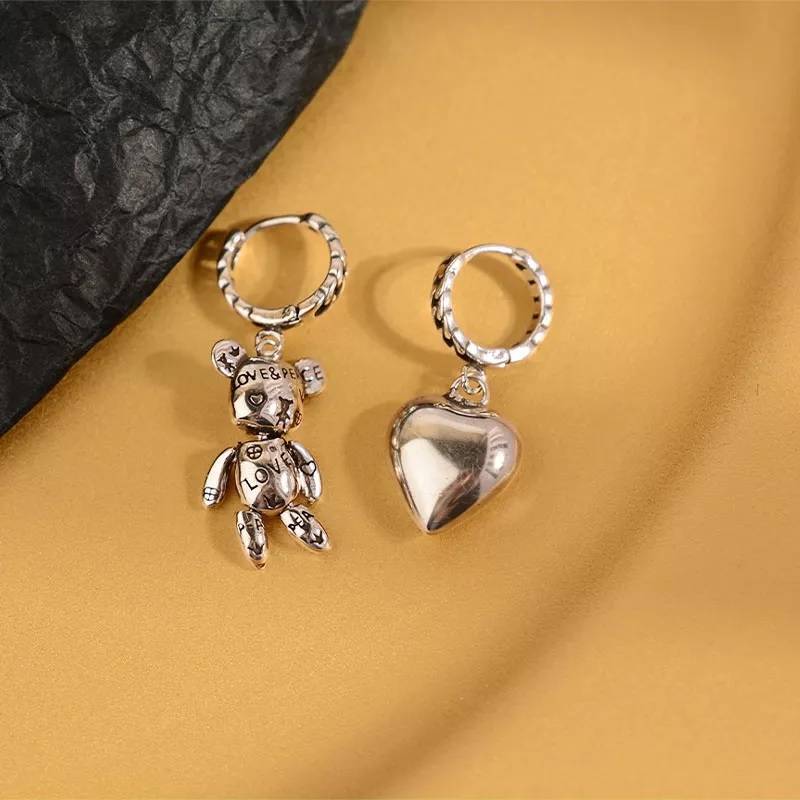 Adorable Little Bear Love Heart Asymmetry Hoop Earrings Earrings New Arrivals Women Jewelry 
