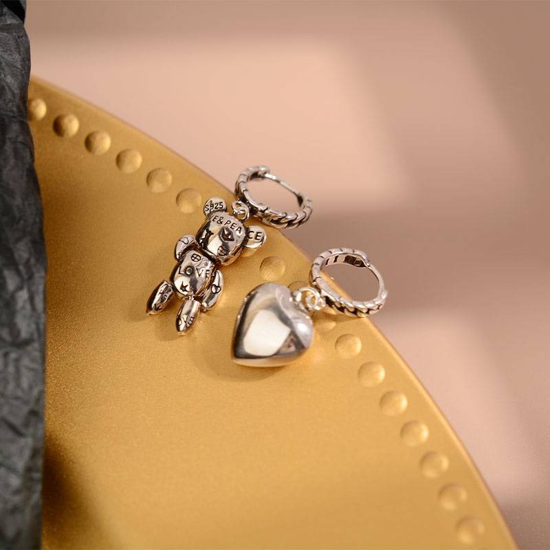 Adorable Little Bear Love Heart Asymmetry Hoop Earrings Earrings New Arrivals Women Jewelry 