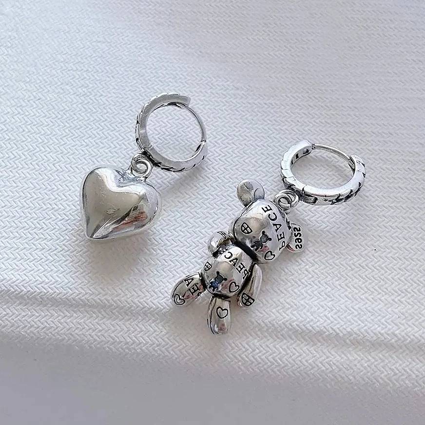 Adorable Little Bear Love Heart Asymmetry Hoop Earrings Earrings Women Jewelry 
