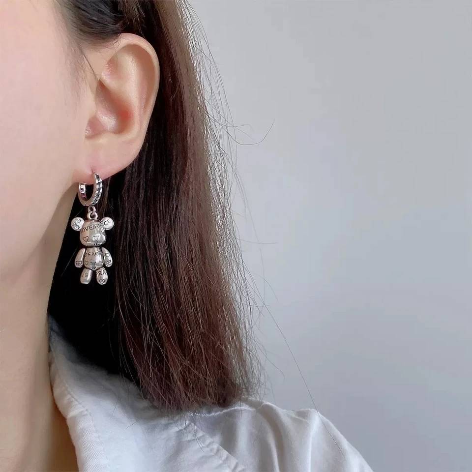 Adorable Little Bear Love Heart Asymmetry Hoop Earrings Earrings Women Jewelry 