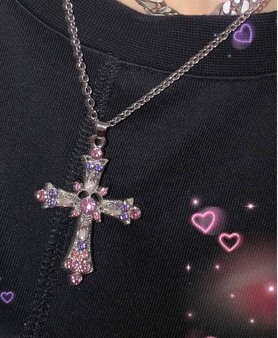 Vintage Color Zircon Cross Virgin Pendant Necklace Charm Lady Necklace Religious Belief Jewelry Party Necklace Festival Gift 