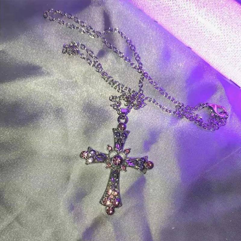 Vintage Color Zircon Cross Virgin Pendant Necklace Charm Lady Necklace Religious Belief Jewelry Party Necklace Festival Gift 
