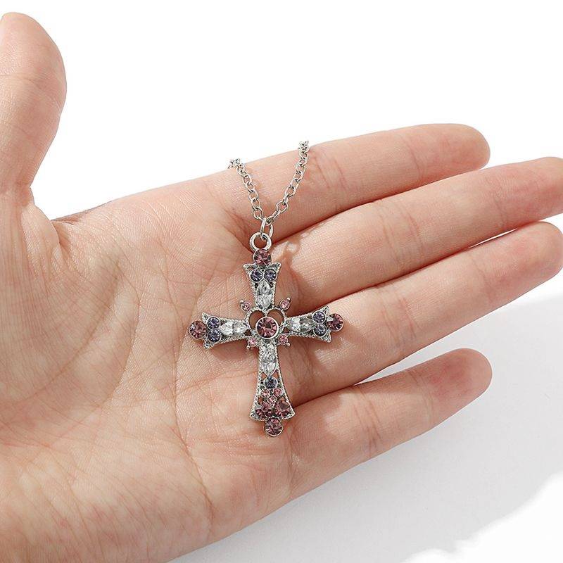 Vintage Color Zircon Cross Virgin Pendant Necklace Charm Lady Necklace Religious Belief Jewelry Party Necklace Festival Gift 