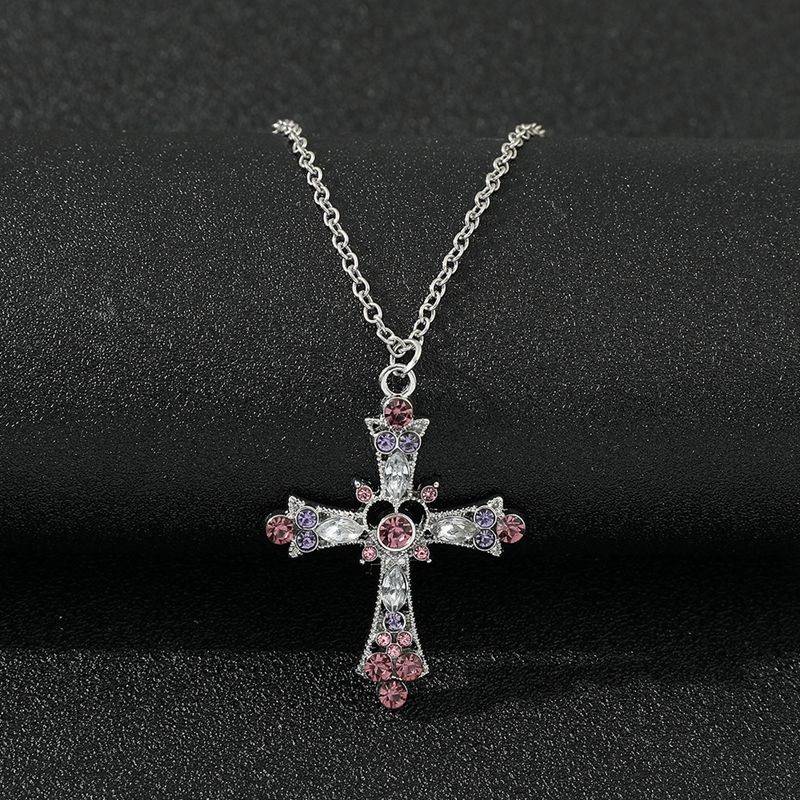 Vintage Color Zircon Cross Virgin Pendant Necklace Charm Lady Necklace Religious Belief Jewelry Party Necklace Festival Gift 