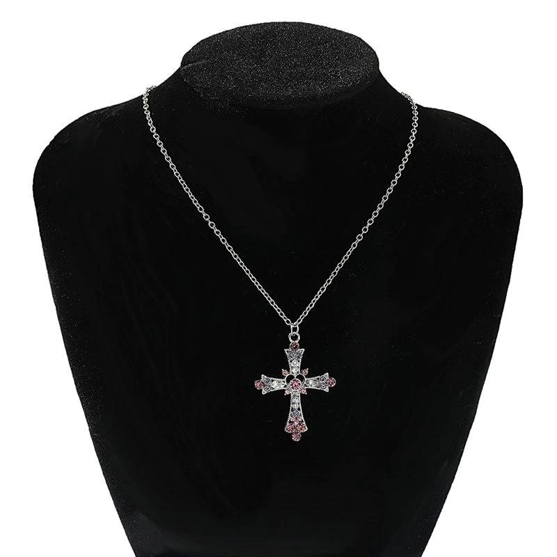Vintage Color Zircon Cross Virgin Pendant Necklace Charm Lady Necklace Religious Belief Jewelry Party Necklace Festival Gift 