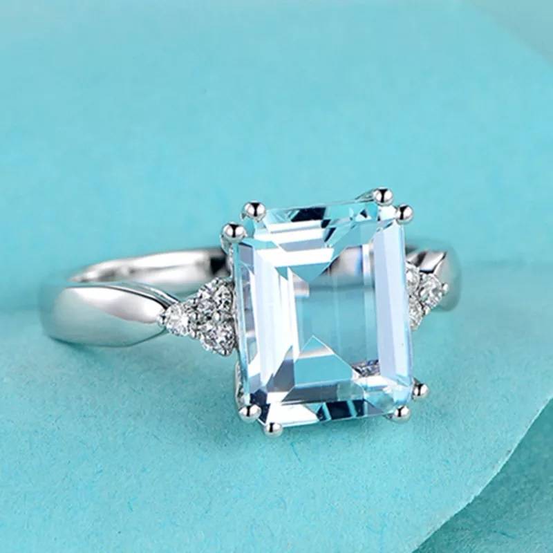 925 Sterling Silver Aquamarine Gemstone Ring Rings Women Jewelry 