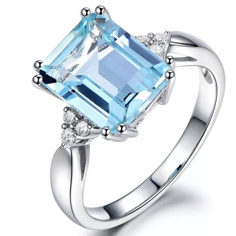925 Sterling Silver Aquamarine Gemstone Ring Rings Women Jewelry 