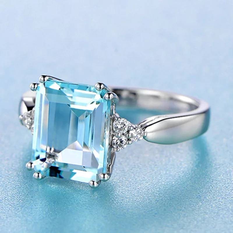 925 Sterling Silver Aquamarine Gemstone Ring Rings Women Jewelry 