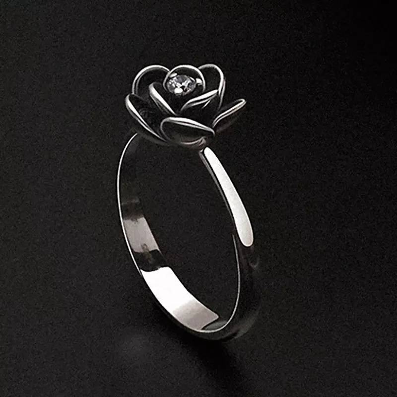 925 Sterling Silver Black Rose Flower Zircon Ring Rings Women Jewelry 
