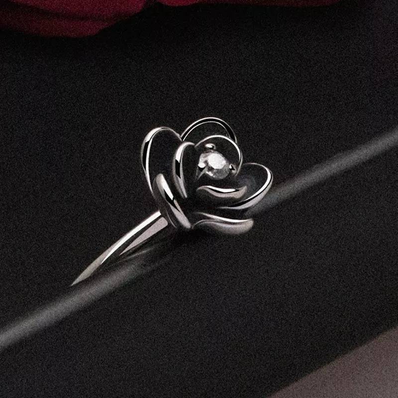 925 Sterling Silver Black Rose Flower Zircon Ring Rings Women Jewelry 