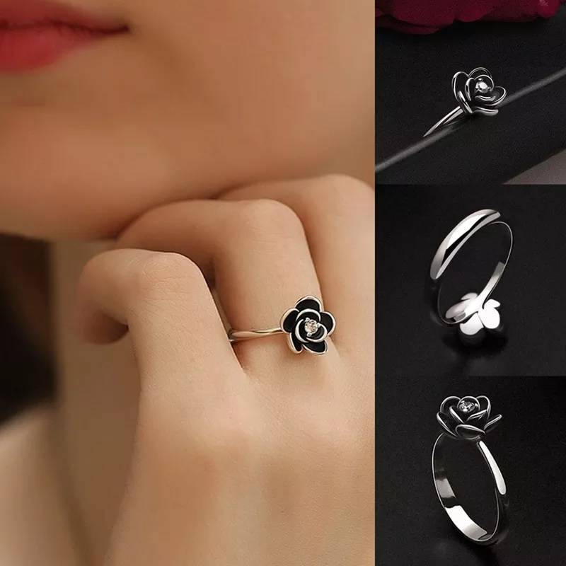 925 Sterling Silver Black Rose Flower Zircon Ring Rings Women Jewelry 