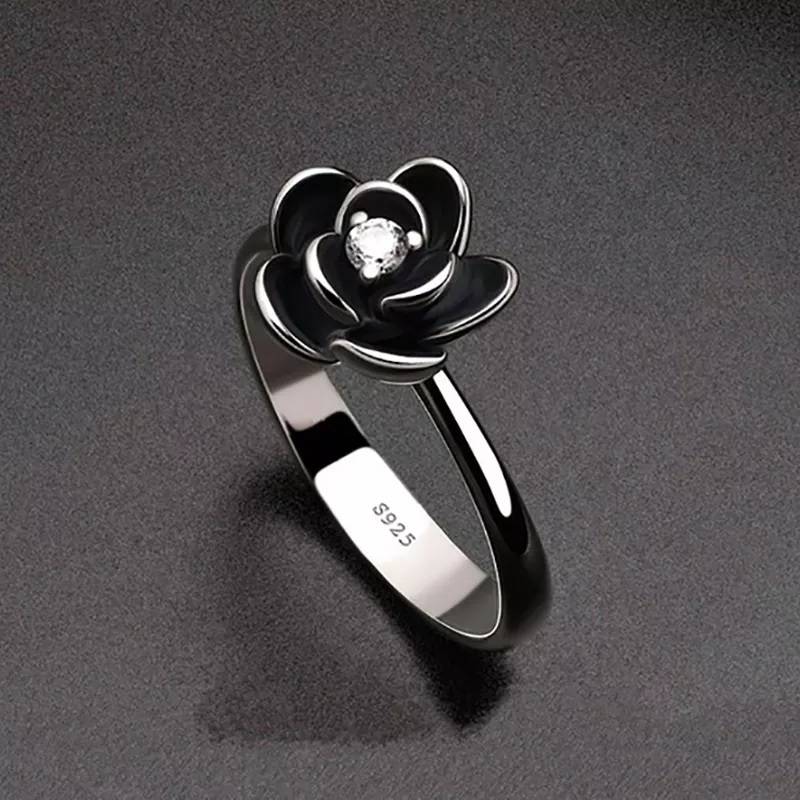 925 Sterling Silver Black Rose Flower Zircon Ring Rings Women Jewelry 