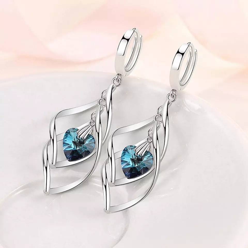 925 Sterling Silver Blue Crystal Waterdrop Spiral Dangle Earrings Earrings Women Jewelry 