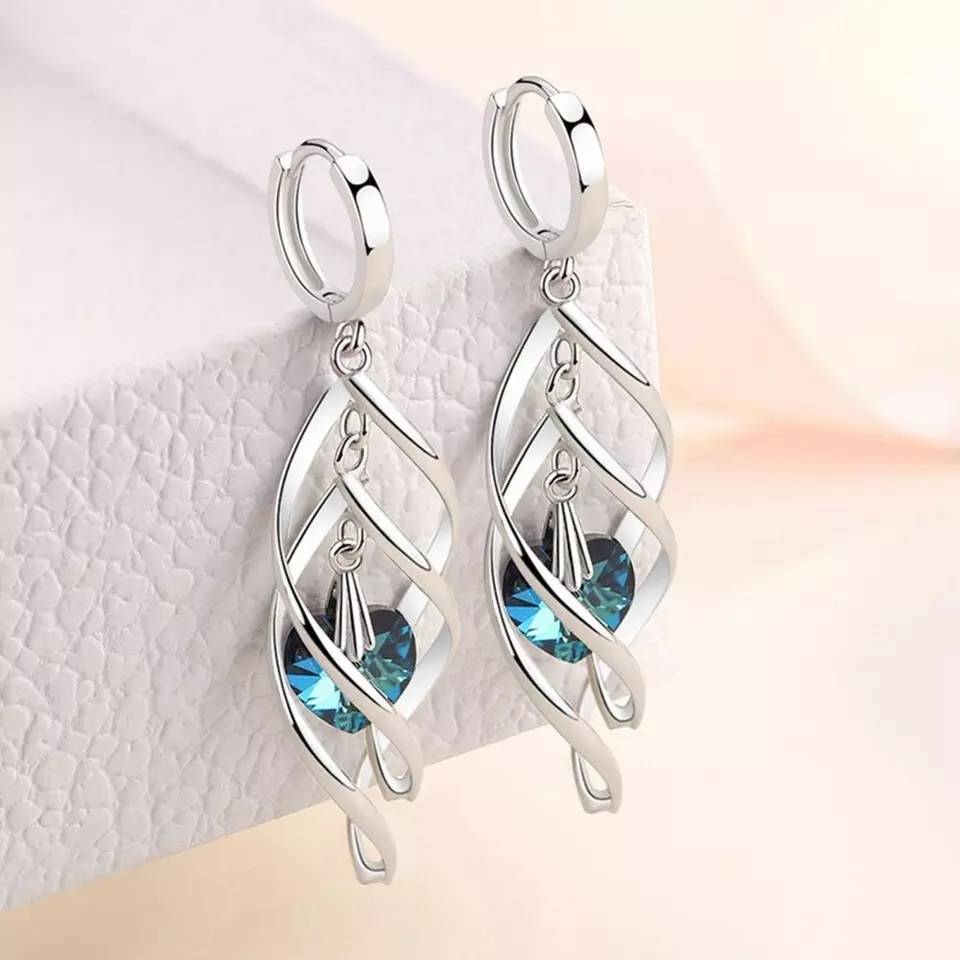 925 Sterling Silver Blue Crystal Waterdrop Spiral Dangle Earrings Earrings Women Jewelry 