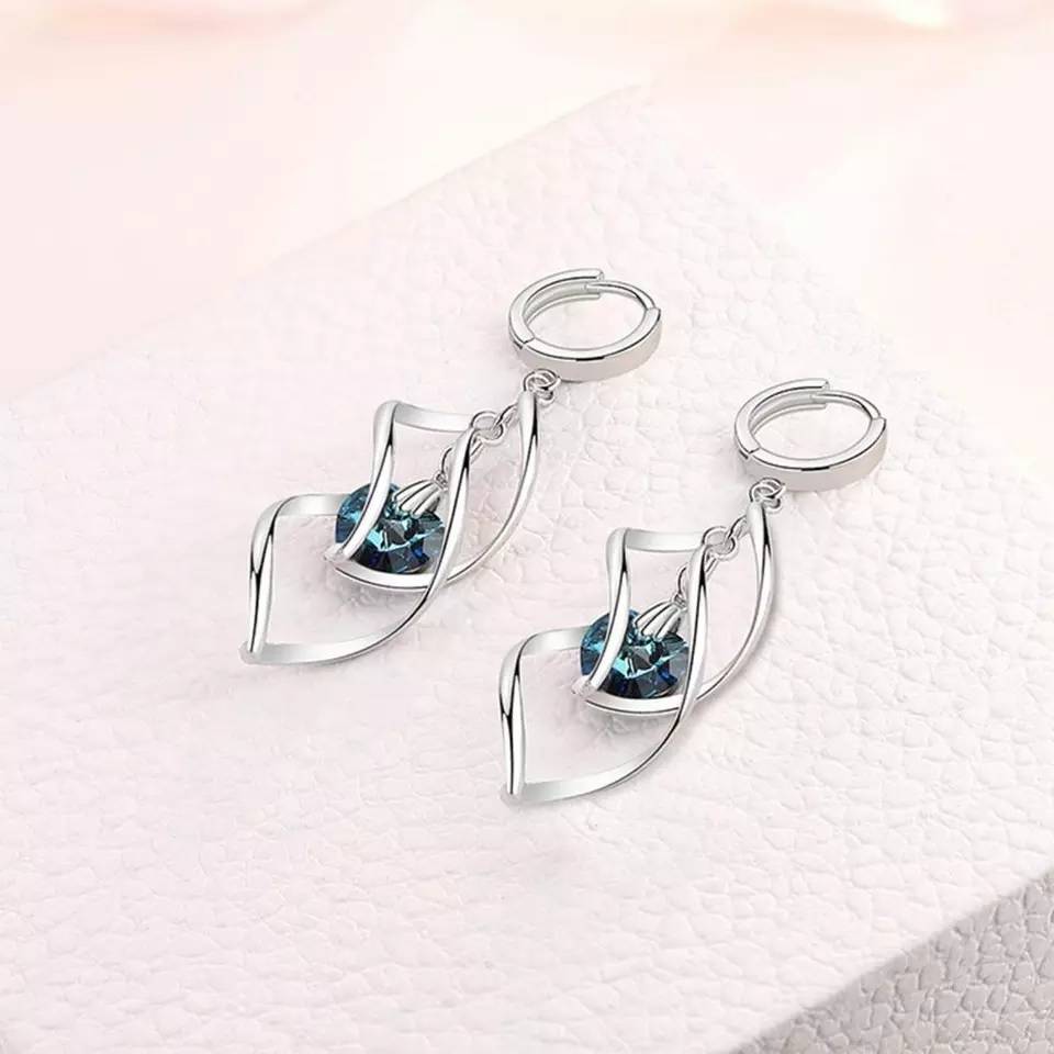 925 Sterling Silver Blue Crystal Waterdrop Spiral Dangle Earrings Earrings Women Jewelry 