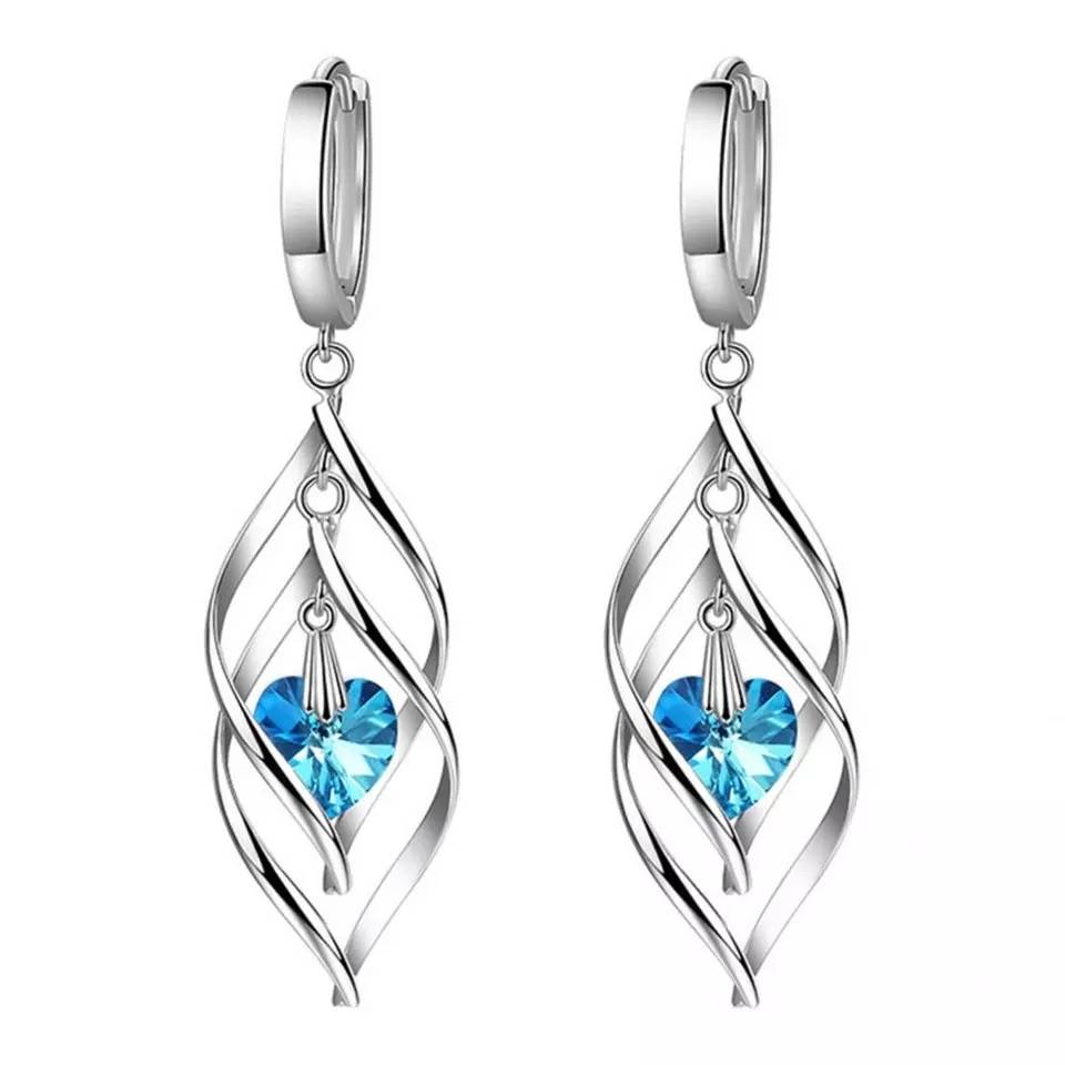 925 Sterling Silver Blue Crystal Waterdrop Spiral Dangle Earrings Earrings Women Jewelry 