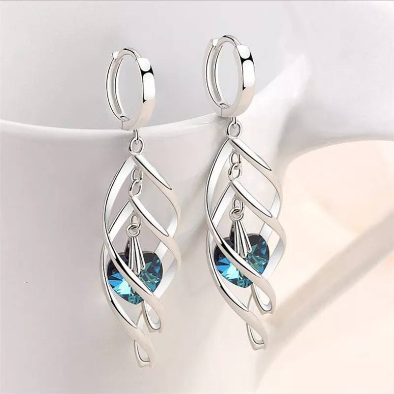 925 Sterling Silver Blue Crystal Waterdrop Spiral Dangle Earrings Earrings Women Jewelry 