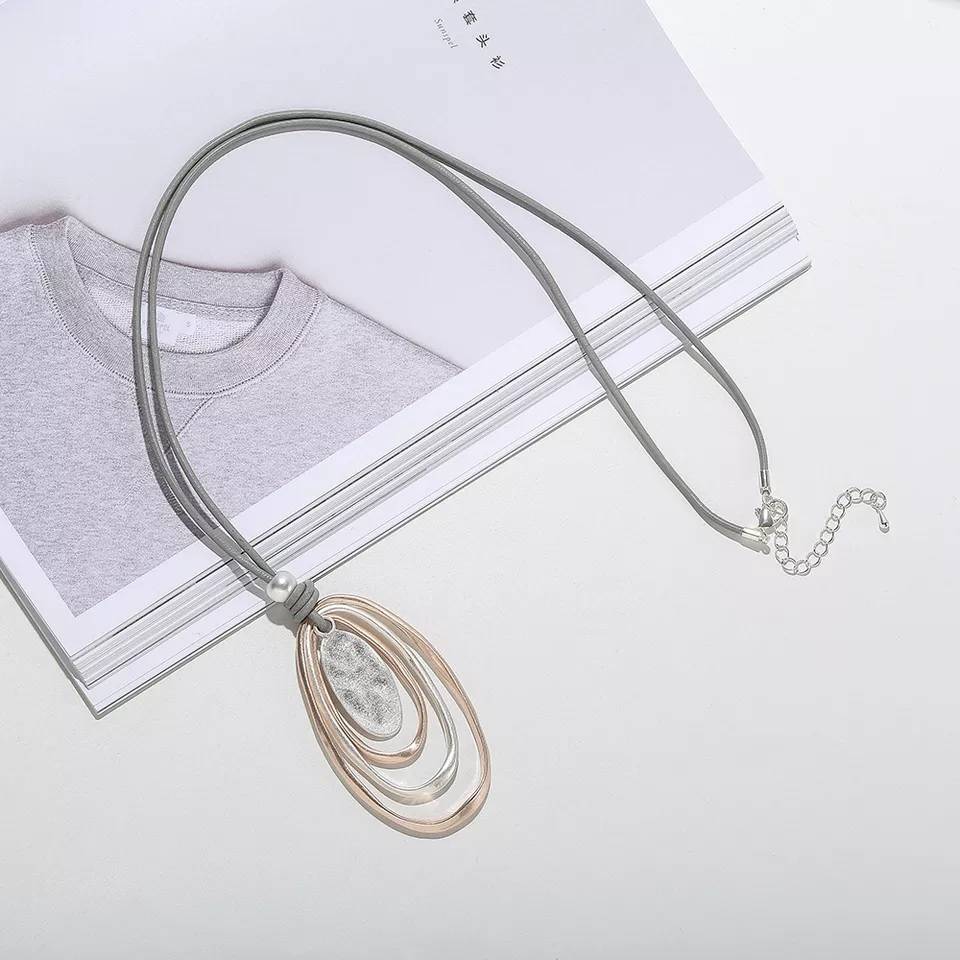 Boho Oval Circular Pendant Long Rope Necklace Necklaces Pendants Women Jewelry 