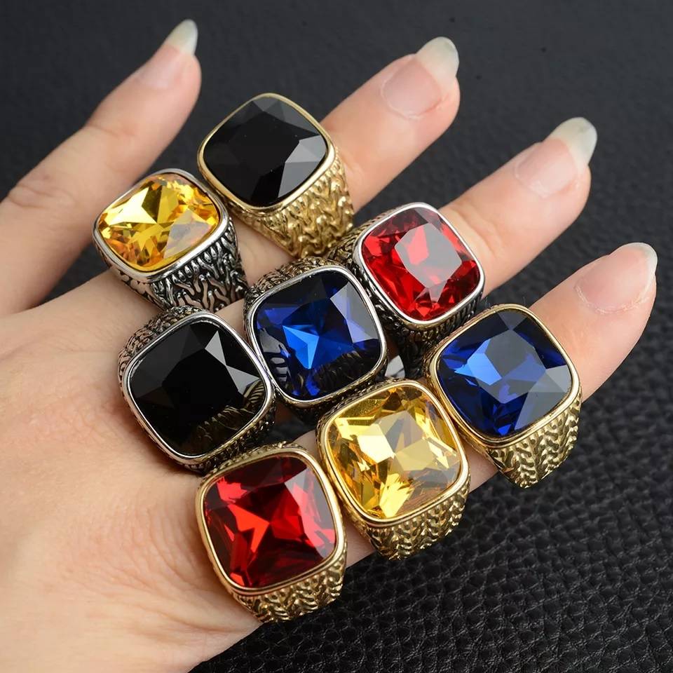 Retro Stainless Steel Princess Cut Rhinestone Ring Men Jewelry Rings Rings Women Jewelry 
