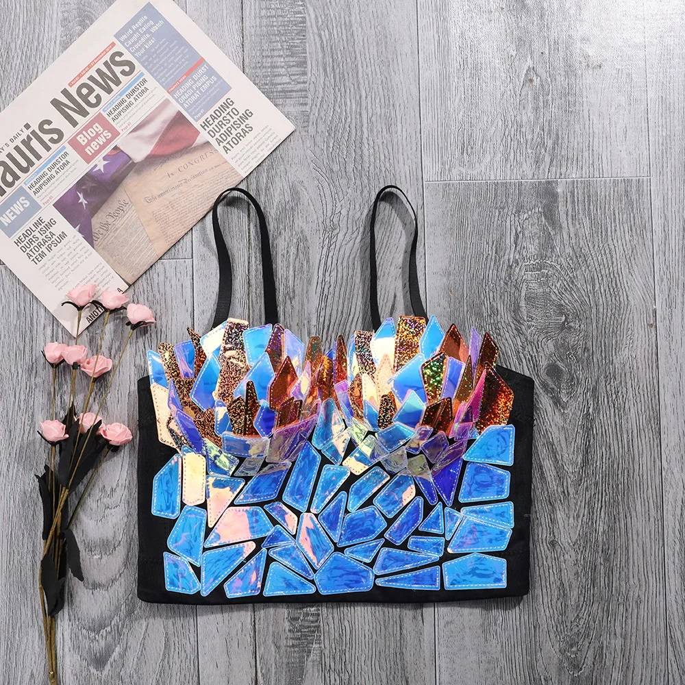 Holographic Rainbow Sequins Bustier Bra Spaghetti Strap Push Up Corset Camisole Body Jewelry New Arrivals Women Jewelry 