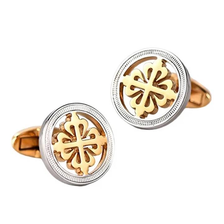 18K Gold Color Four-Leaf Clover Round Cuff Links Cufflinks Men Jewelry New Arrivals Tie Clips & Cufflinks 