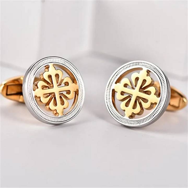 18K Gold Color Four-Leaf Clover Round Cuff Links Cufflinks Men Jewelry New Arrivals Tie Clips & Cufflinks 