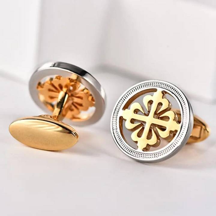 18K Gold Color Four-Leaf Clover Round Cuff Links Cufflinks Men Jewelry New Arrivals Tie Clips & Cufflinks 