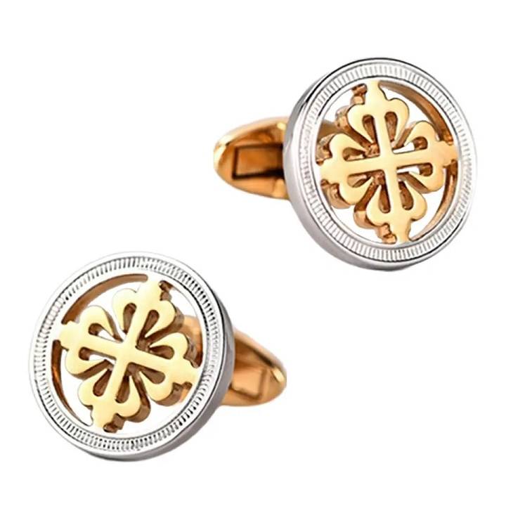 18K Gold Color Four-Leaf Clover Round Cuff Links Cufflinks Men Jewelry New Arrivals Tie Clips & Cufflinks 