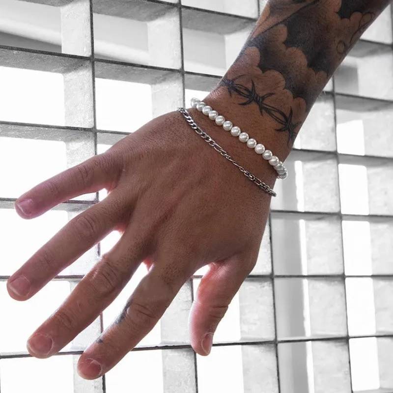 Imitation Pearls Stainless Steel Figaro Chain Bracelet Bracelets & Cuffs Men Jewelry 