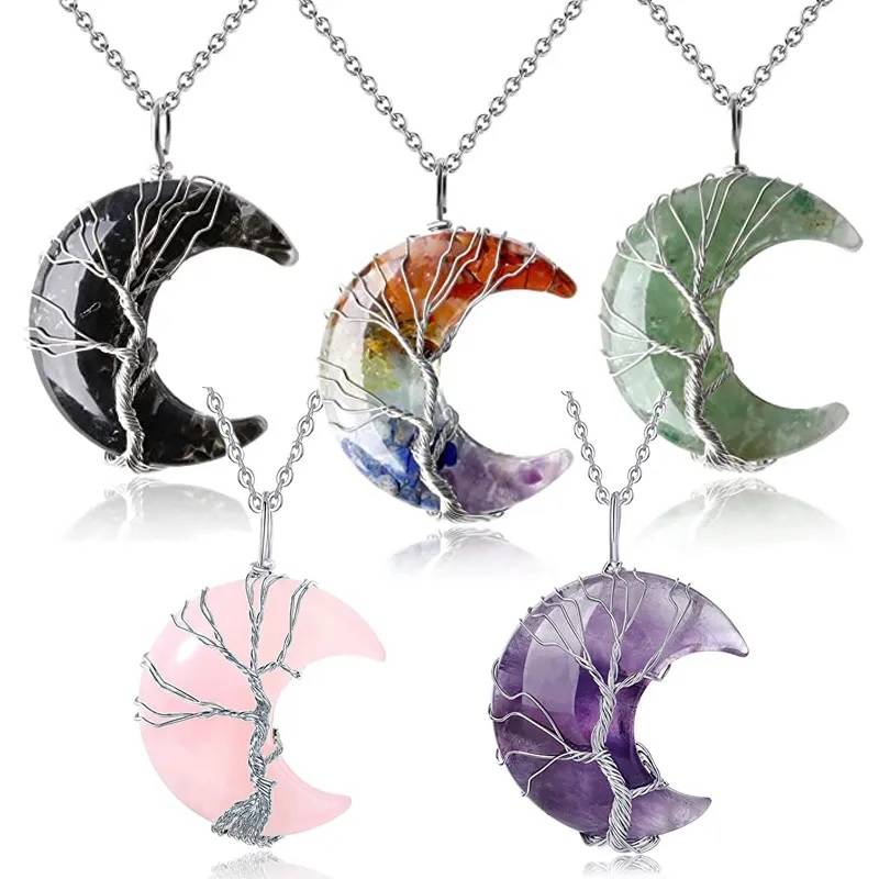 7 Chakras Tree of Life Natural Stone Wire Wrapped Crescent Moon Pendant Necklace Necklaces New Arrivals Pendants Women Jewelry 