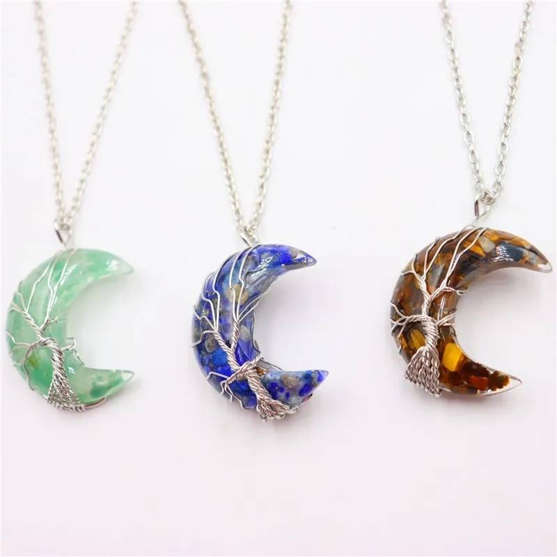 7 Chakras Tree of Life Natural Stone Wire Wrapped Crescent Moon Pendant Necklace Necklaces New Arrivals Pendants Women Jewelry 